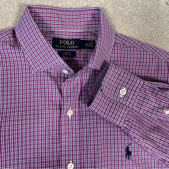 Polo‎ Ralph Lauren Slim Fit Easy Care Purple Plaid Button Up Men's 15.5 34/35 - Picture 1 of 9